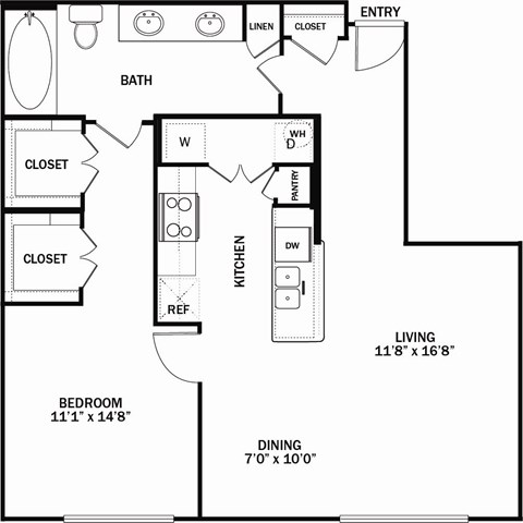 Floor plan for 1 bed, 1 bath, 855 sqft